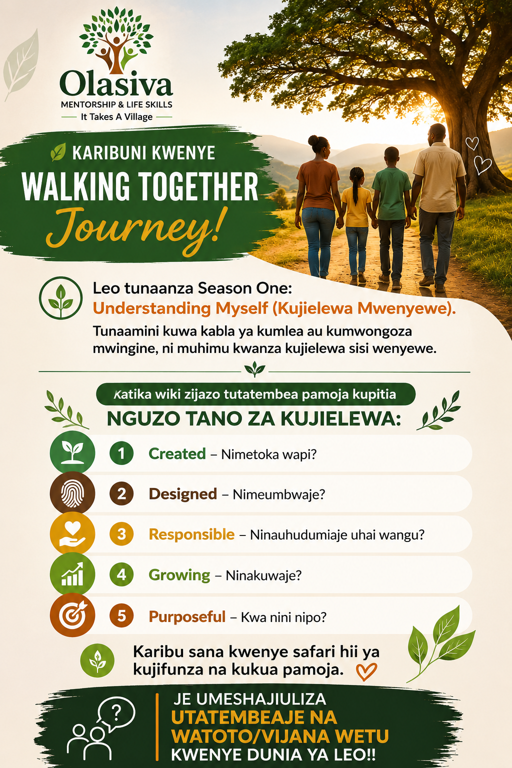Young people and mentors walking together during an Olasiva mentorship activity, representing identity, purpose, belonging, and community.